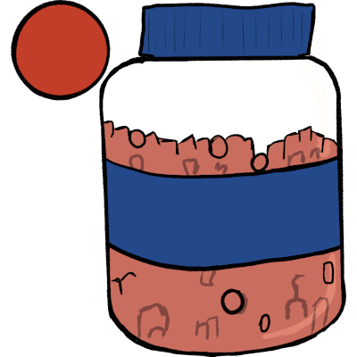 A red circular medicine tablet in the top left next to a clear bottle filled with red pills with a blue label and lid